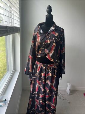 Black Maxi Skirt with Red & Gold Chain Print - Brand Unspecified